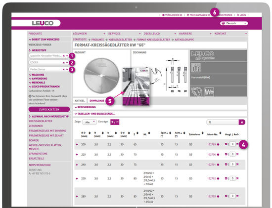 Sie kennen den Hersteller und den Namen Ihres 'Materials'?<br />Unter <strong>'www.leuco.com/produkte'</strong> Filter <strong>'Werkstoff'</strong> erhalten Sie schnell und einfach passende Werkzeuge und eine Broschüre mit den Einsatzdaten.<br />1 = 'Spezielle Hersteller Werkstoffe' klicken<br />2 = Hersteller klicken<br />3 = Produkt klicken<br />4 = passendes Werkzeug wählen<br />5 = Broschüre mit Einsatzdaten downloaden<br />6 = Preis anfragen