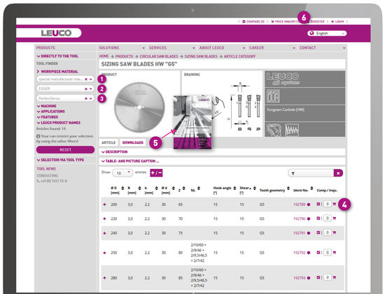 You know the manufacturer and the name of your material?<br />Under <strong>'www.leuco.com/products'</strong>, filter <strong>'workpiece material'</strong> you get fast and easy suitable tools and a brochure with the application data.<br />1 = 'Special Manufacturer Materials' click<br />2 = Manufacturer click<br />3 = Product click<br />4 = choose suitable tool<br />5 = download brochure with application data<br />6 = ask for price
