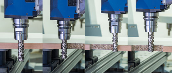 Insert milling is a classic application for the new clockwise/counterclockwise router: Routing with the upper, clockwise-rotating cutting segment with a conventional cut. Then raising the spindle in the Z-direction, followed by reversing the direction of rotation to the counterclockwise direction. Routing with a conventional cut from the right side with the lower, counterclockwise-rotating cutting segment.