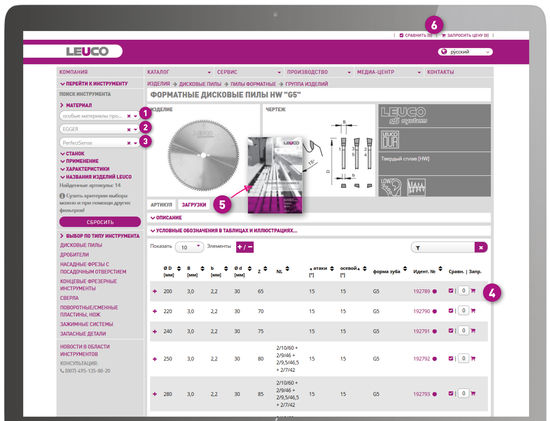 Вам известен производитель и название вашего материла?<br />По ссылке <strong>'www.leuco.com/produkte'</strong> при помощи фильтра <strong>"Материал"</strong> вы сможете быстро и легко найти подходящие инструменты и брошюру с характеристиками применения.<br />1 = щёлкнуть по "Особые материалы производителя"<br />2 = щёлкнуть по Производитель<br />3 = щёлкнуть по Изделие<br />4 = выбрать подходящий инструмент<br />5 = загрузить брошюру с характеристиками применения<br />6 = запросить цену
